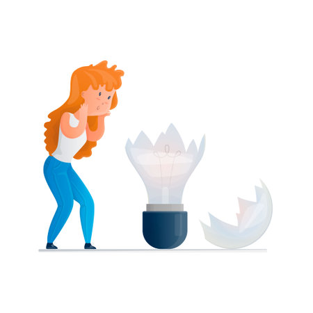 Vector isolated metaphor illustration with a broken light bulb and a frightened young woman. The concept of professional, Occupational burnout, creative crisis, problems.のイラスト素材