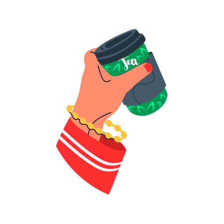 Vector isolated illustration with a female hand holding a paper cup of tea. The concept of beverages, drinks, tea. You can use the element in web design, flyers, etc.のイラスト素材