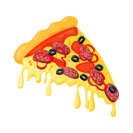 Vector isolated illustration with a triangular slice of pizza on tomato sauce with a stretching mozzarella cheese, salami sausage, bell pepper, olives. The concept of food, snacks, fast food, etc.のイラスト素材