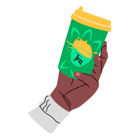 Vector isolated illustration with a female hand holding a paper cup of tea. The concept of beverages, drinks, tea. You can use the element in web design, flyers, etc.のイラスト素材