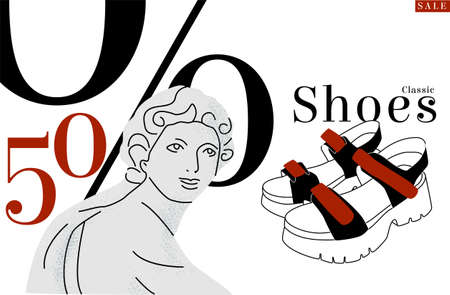 Vector image layout Advertising Shoe store Discount of 50 percent. Sculpture is painted as sign of classics Sandals, birkenstock. It can be used in landing page design, signage, discount cards, etc.のイラスト素材