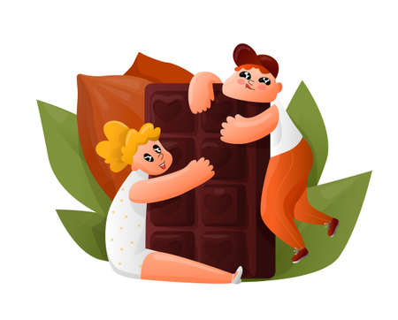 Vector isolated illustration of dark, bitter, bar chocolate and children who eat it. Concept of pastry, sweet products. You can used in web design, postcard, banner, etc.のイラスト素材