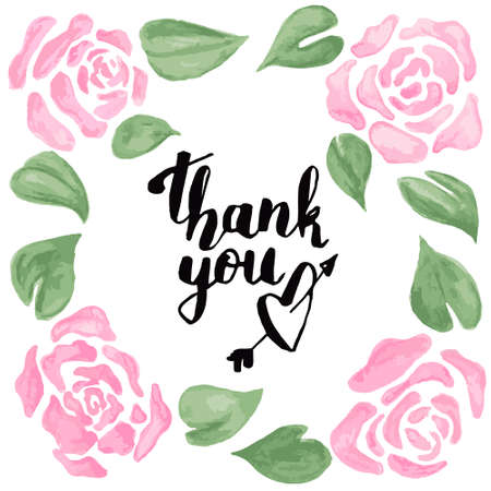 Vector drawn illustration of a postcard layout with the inscription Thank you and flower buds, roses with leaves for design of the frame. Concept gratitude, feelings.のイラスト素材