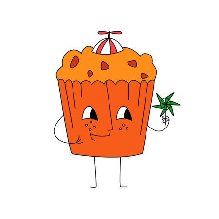 Vector isolated illustration with cupcake who is in propeller hat, holding toy like weathervane. Concept dessert, sweets, bakery for children. You can use element in web design, postcard, banner, etc.のイラスト素材