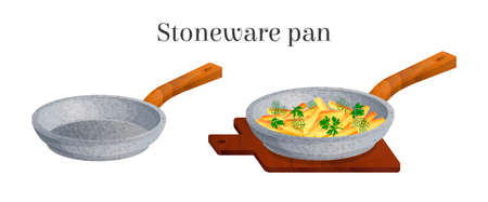 Vector illustration with stoneware pans full of fried potatoes and empty. Concept kitchen utensils, for example, used for cooking on a stove. You can use in web design, postcards, etc.のイラスト素材