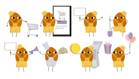 Vector illustration with set of character as potato. It is a collection of icons for web design, typography and etc. It depicted of buy, advertisement, cost, surprised, prize, cook, harvest, order online.のイラスト素材