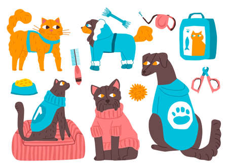 Vector set of pets, cats, dogs and accessories. It depicted toy bone, ball, object of grooming. Concept of pet care, accessories, grooming. You can used in web design postcard, banner, etc.のイラスト素材
