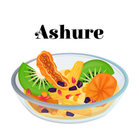 Vector illustration with a traditional dish Ashure. Bowl with a set of chickpea seeds, pomegranate, dried kiwi fruit, peach, grapes, ie raisins, figs is depicted. Concept of sweets, delicious dishesのイラスト素材