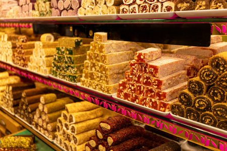 Traditional Turkish delight at the bazaar in Istanbul, Turkey.の写真素材