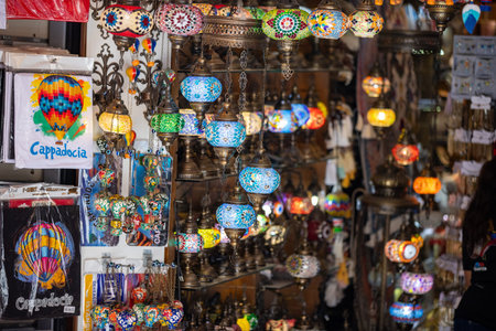 Colorful hanging glass and brass lamps in Grand Bazaar, Istanbul, Turkeyの写真素材