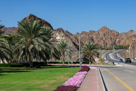 Street with mountains view in Muscat, Oman