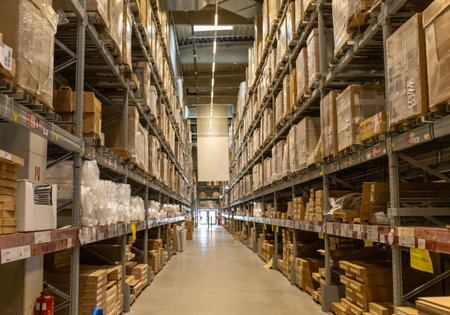 Large warehouse corridors, warehouse storage and distribution of goods and goods on the shelf.