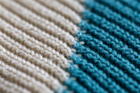 White and turquoise knit wool fabric as a background. Wool knit texture. Knitted fabric surface with...