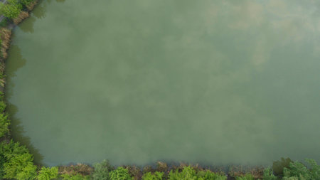 Beautiful lake top view shot from the droneの写真素材