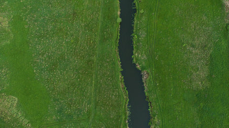 Beautiful river top view shot from the droneの写真素材