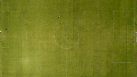 Beautiful football field top view shot from the droneの写真素材