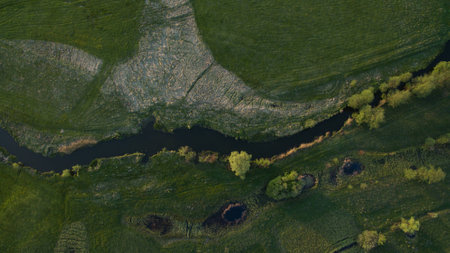 Beautiful river shot on drone. View from above.の写真素材