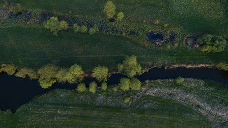 Beautiful river shot on drone. View from above.の写真素材