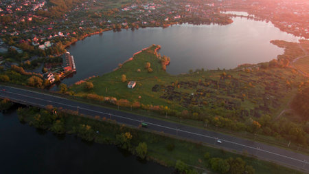 Beautiful lake top view shot from the drone