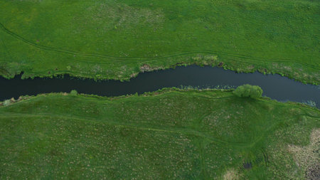 Beautiful river top view shot from the droneの写真素材