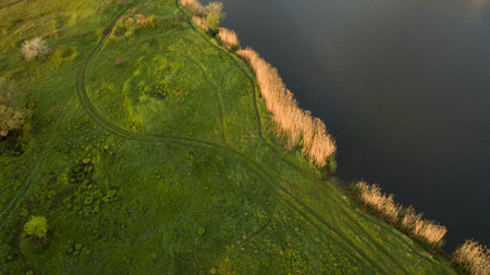 Beautiful lake top view shot from the droneの写真素材