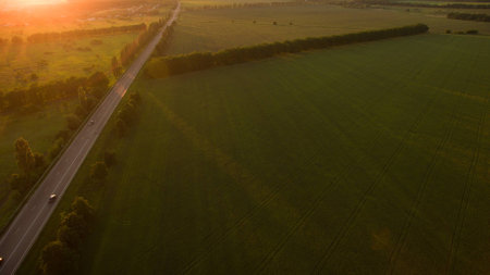 A beautiful sunset landscape shot from a quadrocopterの写真素材