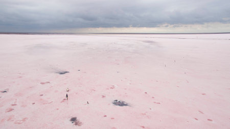 Beautiful salty pink lake view from aboveの写真素材