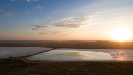 Landscape of reservoirs with bird's flightの写真素材