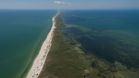 Landscape of reservoirs with bird's flightの写真素材
