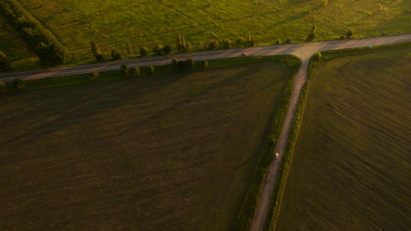 A beautiful sunset landscape shot from a quadrocopterの写真素材