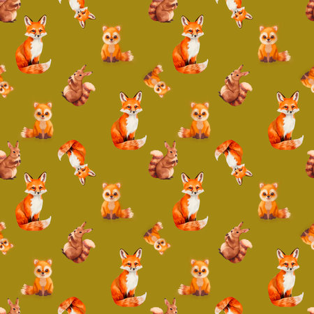 Seamless pattern with cute watercolor foxes on green backgroundの素材