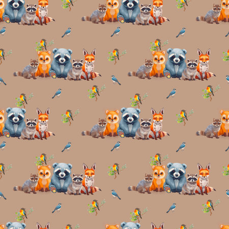 Seamless pattern with cute raccoons. Watercolor illustration.の素材