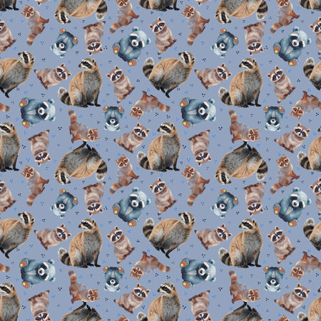 Watercolor seamless pattern with cute raccoons on a blue backgroundの素材