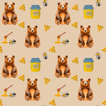 Seamless pattern with bear, honeycombs and bees.の素材