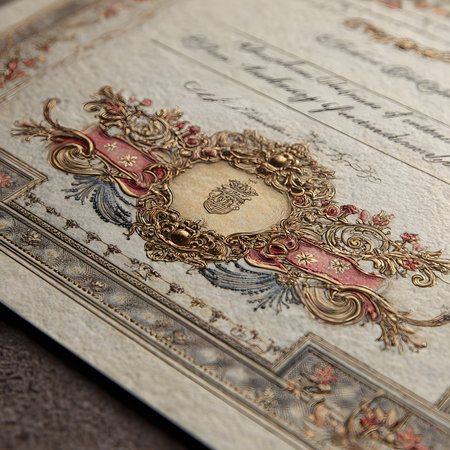 A close-up view of a vintage coat of arms printed or drawn on an old historical document. The texture of aged paper, subtle wear, and authentic details create a strong antique atmosphere. Ideal for projects related to history, archives, cultural heritage, or genealogy.の素材