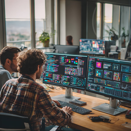 Two IT specialists working together at a computer, discussing coding and software development in a modern office environment.の素材