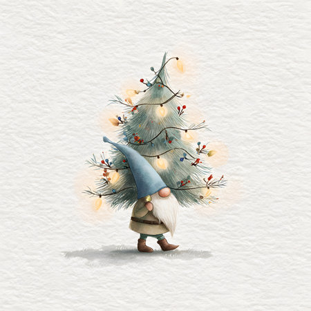 Charming watercolor illustration of a green gnome holding a Christmas tree wrapped in a festive garland, perfect for holiday designs.の素材