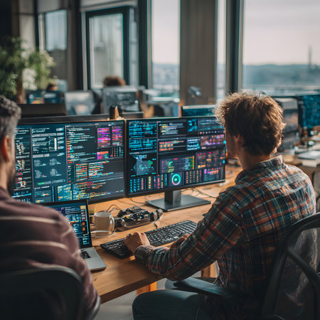Modern IT office scene with two professionals working together on a computer, highlighting teamwork, technology, and productivity.の素材
