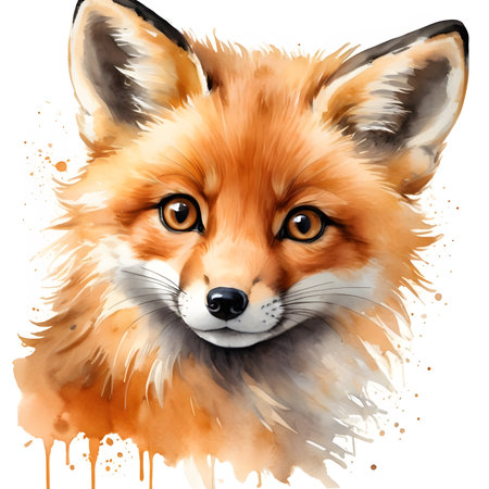 Hand-painted watercolor fox in delicate shades, ideal for greeting cards, invitations, and woodland-themed artwork.の素材