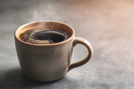 Unbranded ceramic mug filled with hot Americano coffee. Gentle steam rises from the rich dark coffee, set against a clean minimal background with warm, cozy cafÃ© lighting. Realistic, high-detail photography.の素材