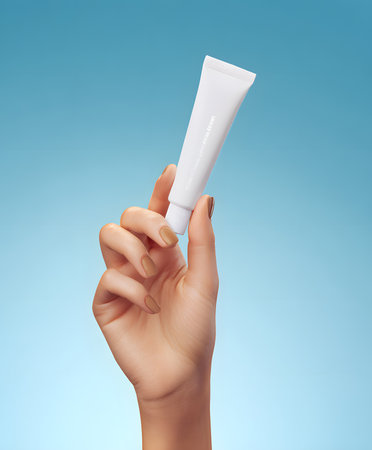 A neutral-toned hand holds a small plain white face cream tube against a light blue gradient background. Clean dermo-cosmetic photoshoot style with focus on the product.の素材