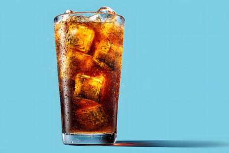 Realistic photo of a fizzy soft drink in a tall, unbranded cup. Ice cubes and condensation enhance the refreshing look. Clean minimal background and bright lighting highlight the vibrant beverage.の素材