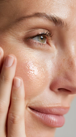 Photorealistic vertical 9:16 close-up of a woman gently spreading clear serum on her cheek with her hand in the foreground. Smooth, natural skin with ultra-detailed texture, soft studio lighting, and a clean neutral background. Head turned slightly to the side, emphasizing a serene, natural beauty look. Ideal for skincare and cosmetic advertising.の素材