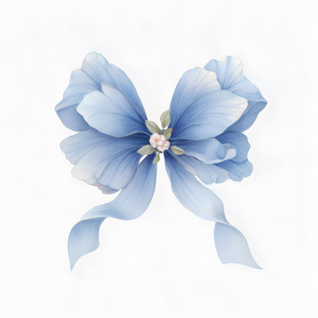 Watercolor illustration of a light blue bow with long flowing tails. Fully isolated on a transparent background, with hand-painted subtle gradients and soft shading. Perfect for card design, invitations, or decorative digital elements.の素材