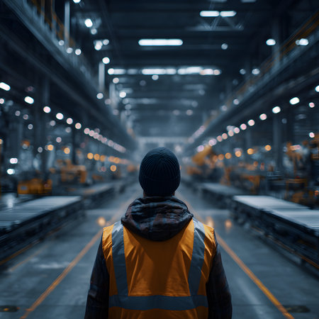 Rear view of a factory worker wearing a safety vest, standing in a vast industrial hall with parallel lines of machinery, cinematic 4K realism, cool overhead lighting, depth perspective.の素材