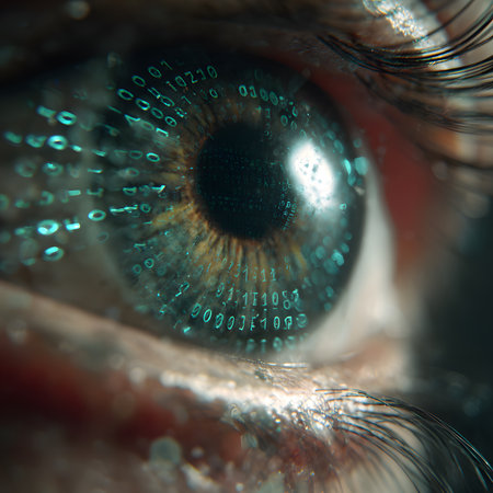 Ultra-realistic close-up of a human eye with scrolling binary code overlaid, teal glow reflections on the iris, dramatic contrast, cyber security concept, 4K resolution.の素材