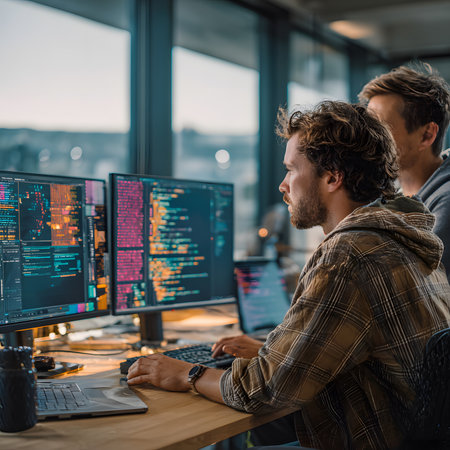 IT team members working side by side at computers, analyzing data and developing applications in a professional workspace.の素材