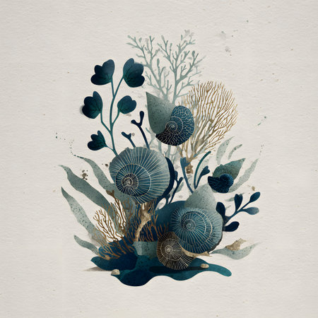 Retro-style marine illustration showcasing sea snail shells, seaweed, and coarse coral. Designed with layered elements, crisp edges for cutout use, and a muted blue-green palette with light texture. Background-free and transparent-friendly, no turtles or delicate coral forks included.の素材