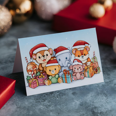 A playful, kid-friendly illustration with gifts, candy canes, and cheerful colors, set in a soft snowy scene.の素材