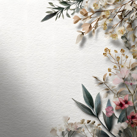 A luxurious wedding invitation design featuring an intricate watercolor wildflower border in soft pastel and muted tones.の素材